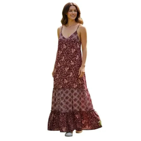 Knox Rose Maxi Dress Tiered Floral Print Mixed Print Strappy Burgundy XS Prairie - Picture 2 of 14